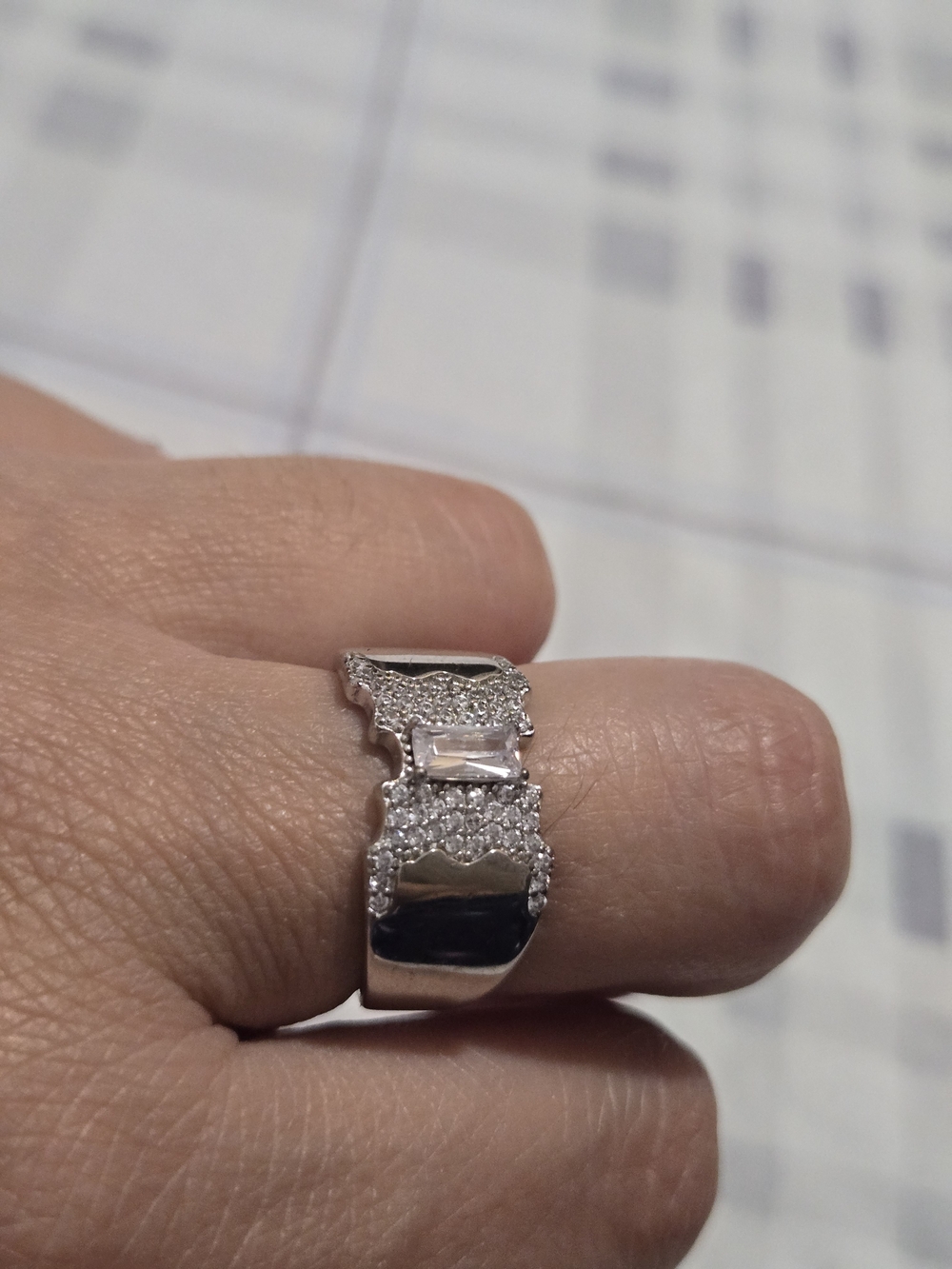 Silver Tone Pave Ring with Baguette Center Stone